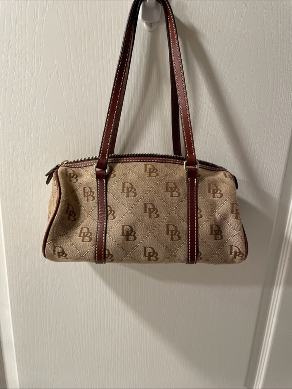 Dooney & Bourke Beige and Brown Monogram Barrel Shoulder Bag - Picture 6 of 11